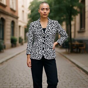 Linea Animal Print Cotton Blazer XL – 3/4 Sleeve Button Front Jacket Safari Chic
